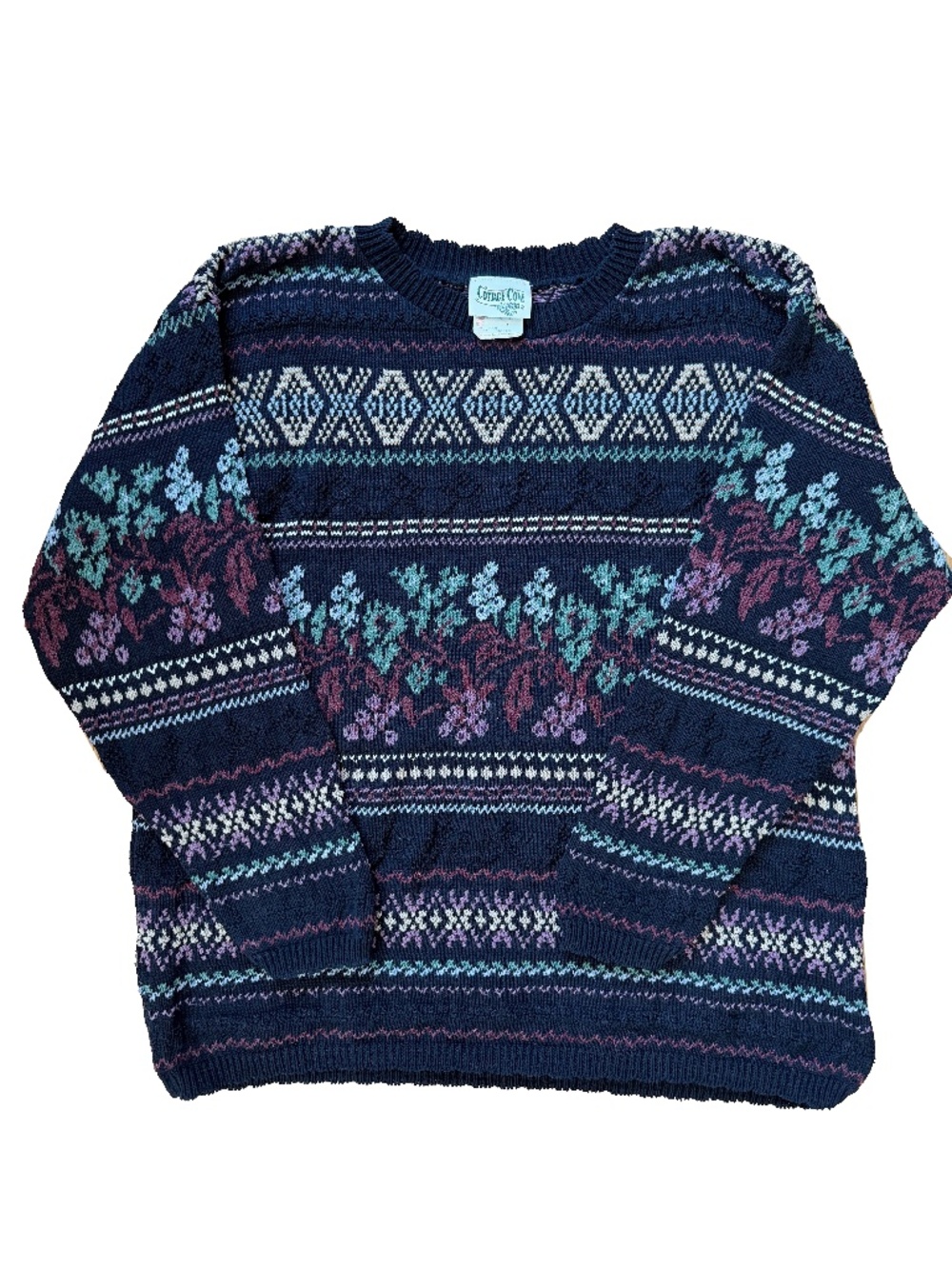 Cottage Cove Vintage Floral Fair Isle Cotton Blend Sweater in Navy
